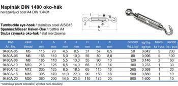 Lanový napínák nerezový AISI 316 A4, DIN 1480, oko - hák, M12x 125mm - 3